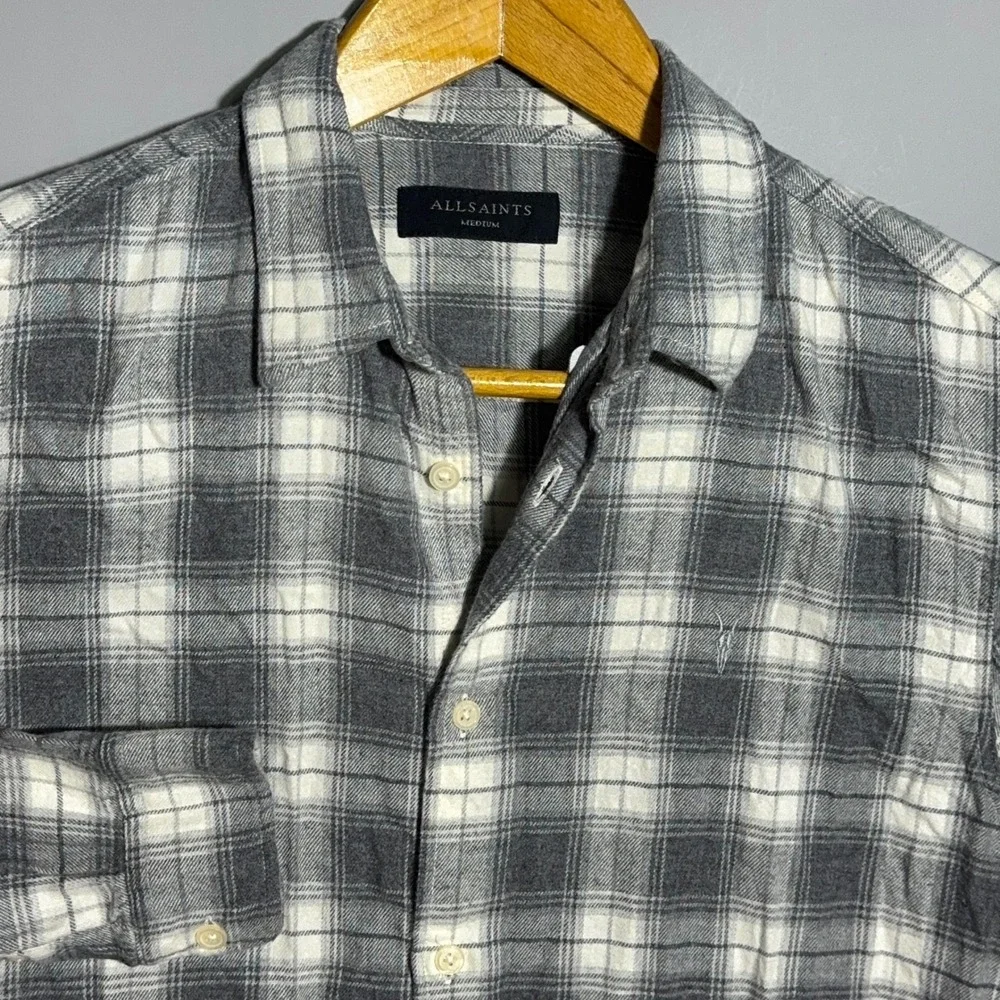 AllSaints Slim Fit Shirt Mens Size Medium Cotton Plaid Grey Flannel Button Down